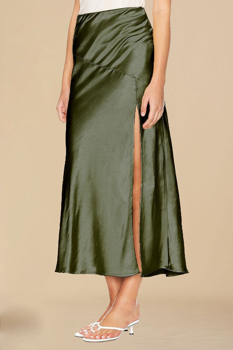 Ace green stretch satin midi skirt