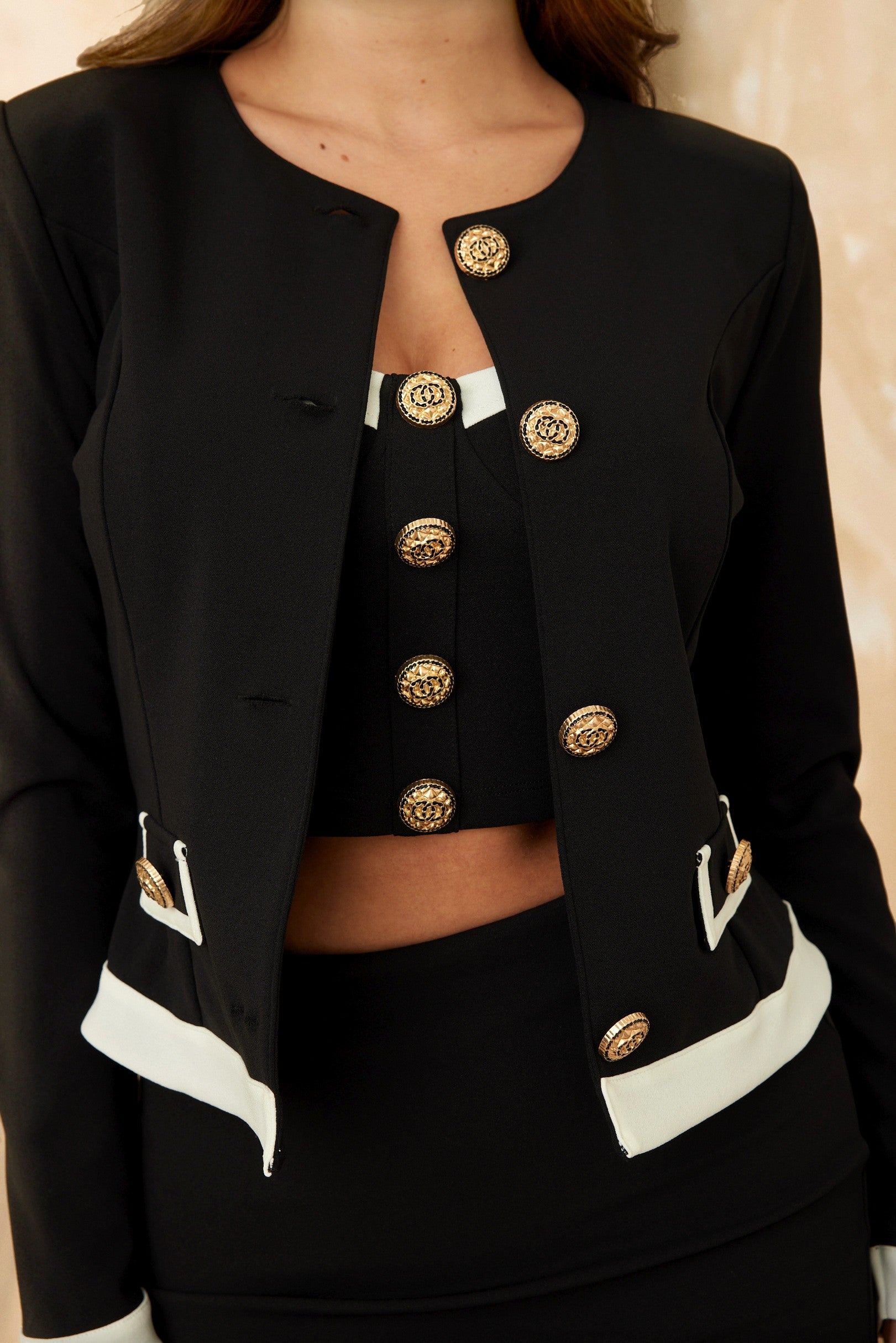Brock Black With White Trim Fitted Blazer With Gold Buttons