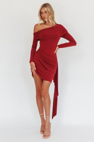 Kate Deep Wine Long Sleeve Hip Wrap Mini Dress