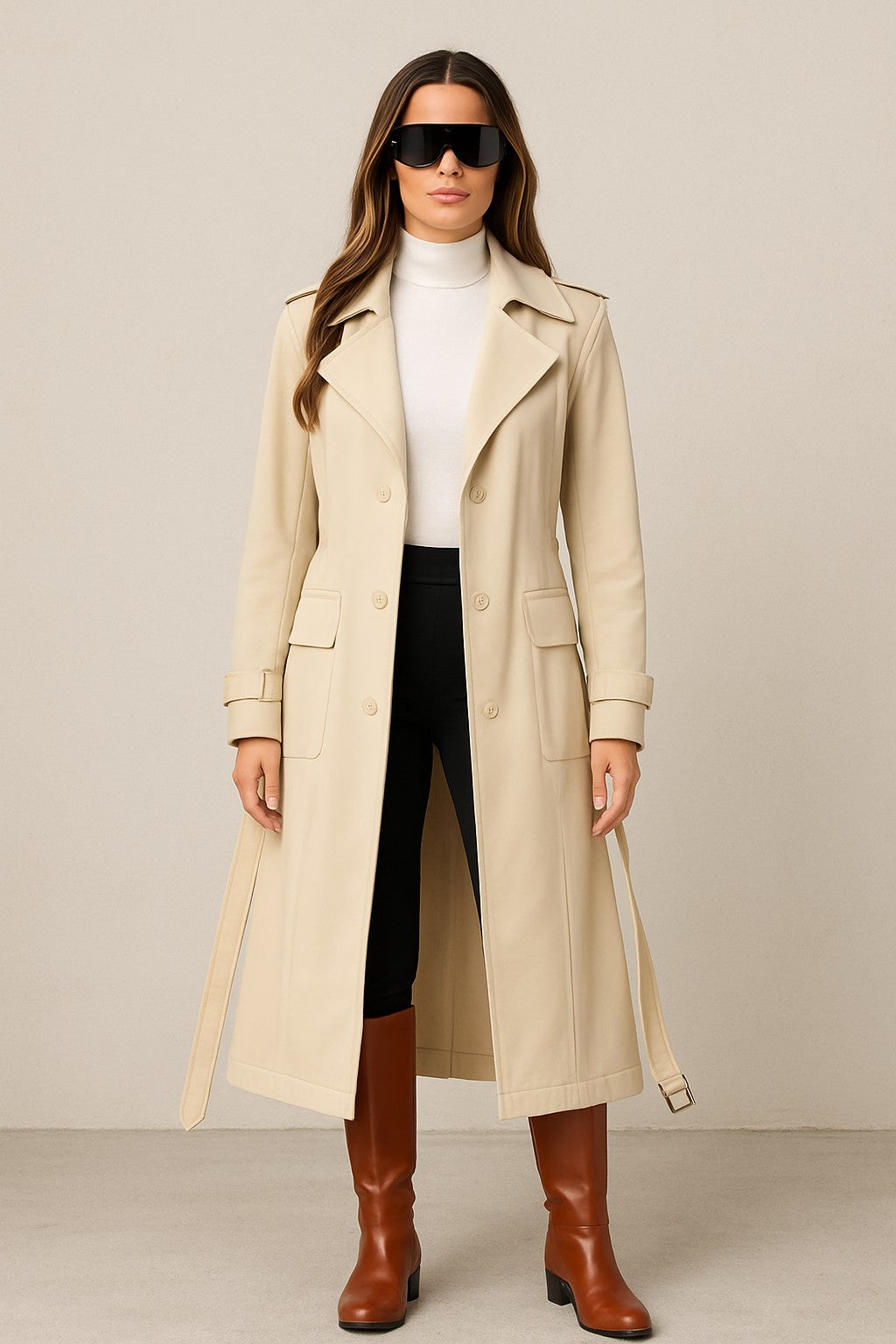 Carrie Double Breasted Belted Vegan Leather Suede Mix Trench Coat