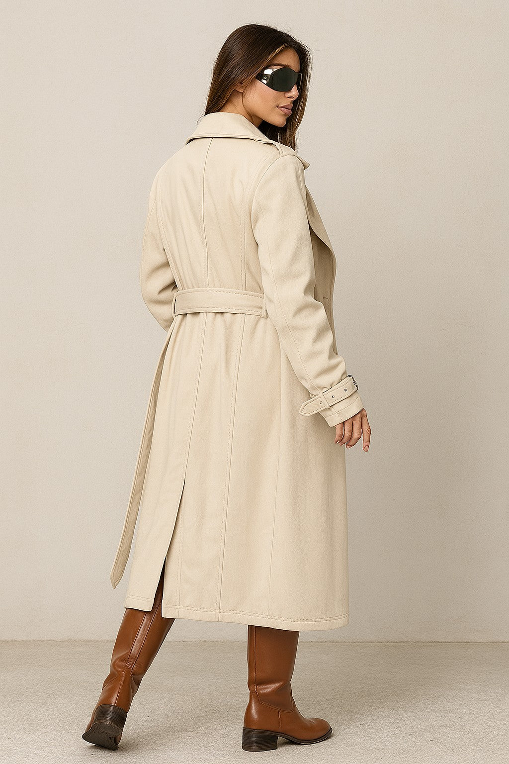 Carrie Double Breasted Belted Vegan Leather Suede Mix Trench Coat