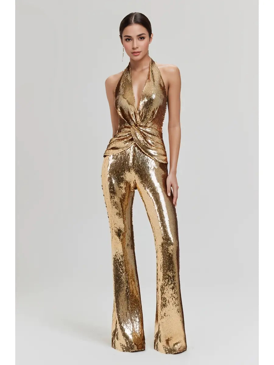 Trellis Gold Sequin Halter Sequin Jumpsuit