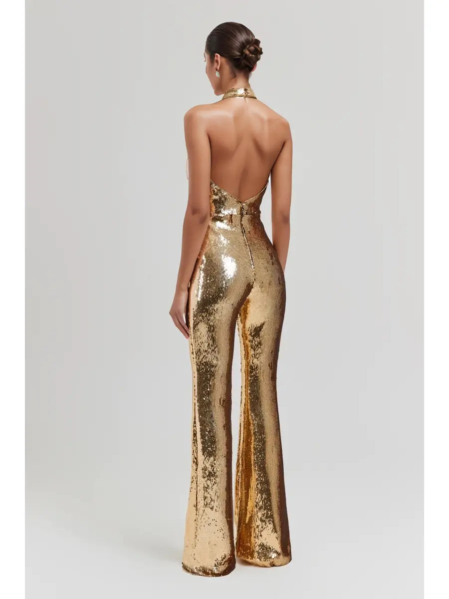 Trellis Gold Sequin Halter Sequin Jumpsuit