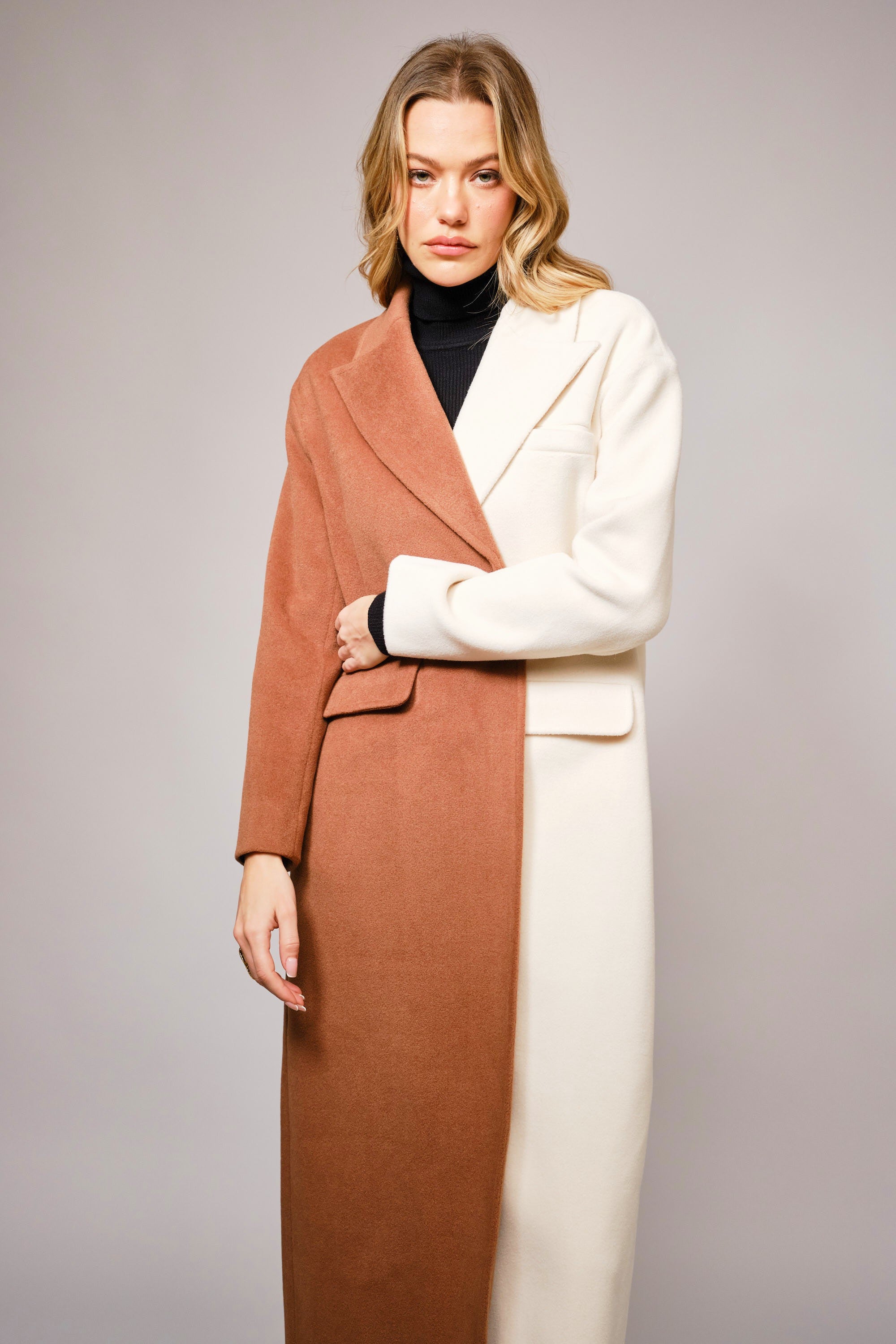 Olivia Carmel And Cream Color Block Long Coat