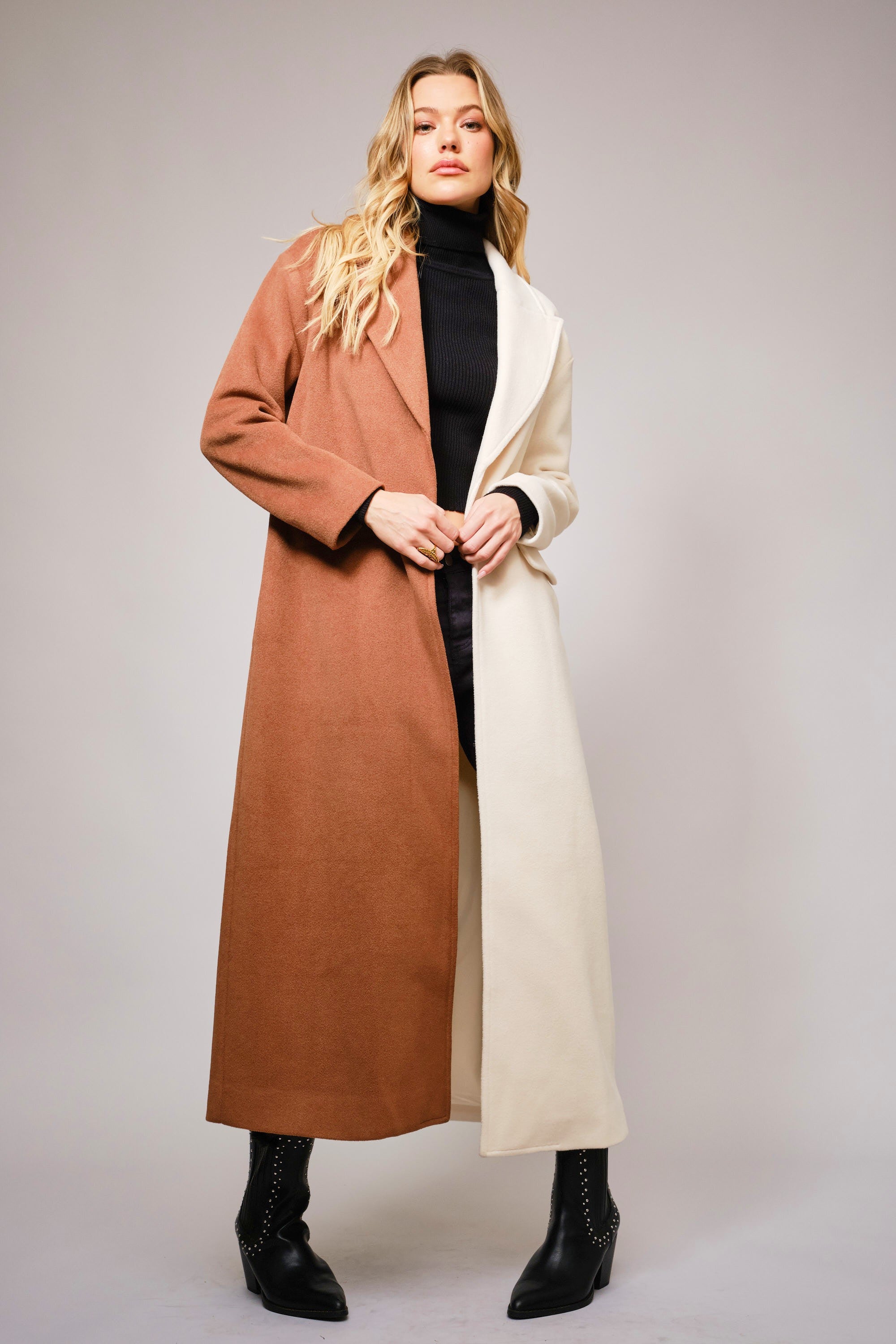 Olivia Carmel And Cream Color Block Long Coat