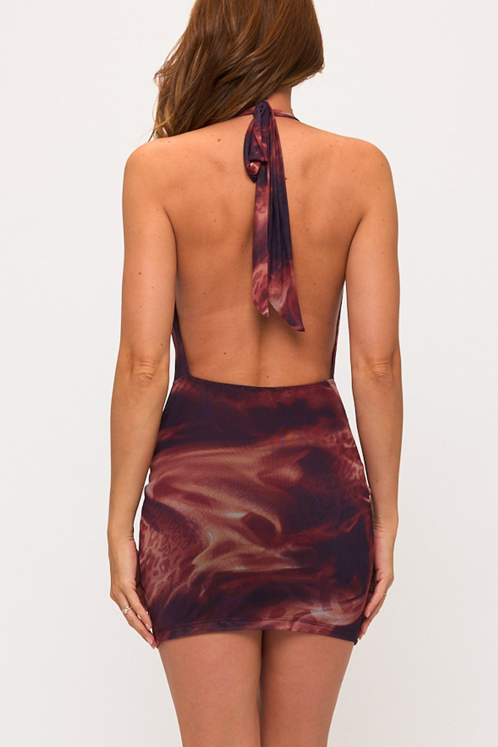 Deena Dark Brown Water Color Print Mesh Mini Dress With Gold Hardware