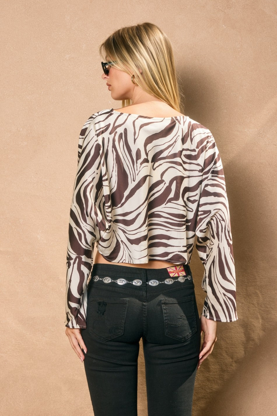 Mira Brown Zebra Print Long Sleeve Crop Top