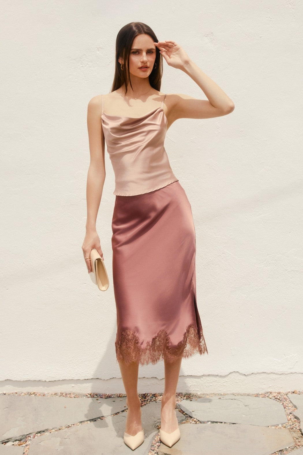 Layla Berry Rose Satin Midi Skirt With Lace Trim