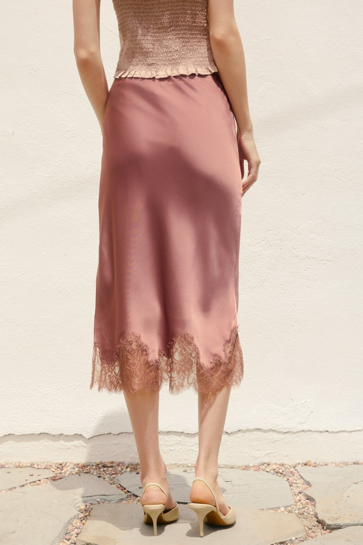 Layla Berry Rose Satin Midi Skirt With Lace Trim