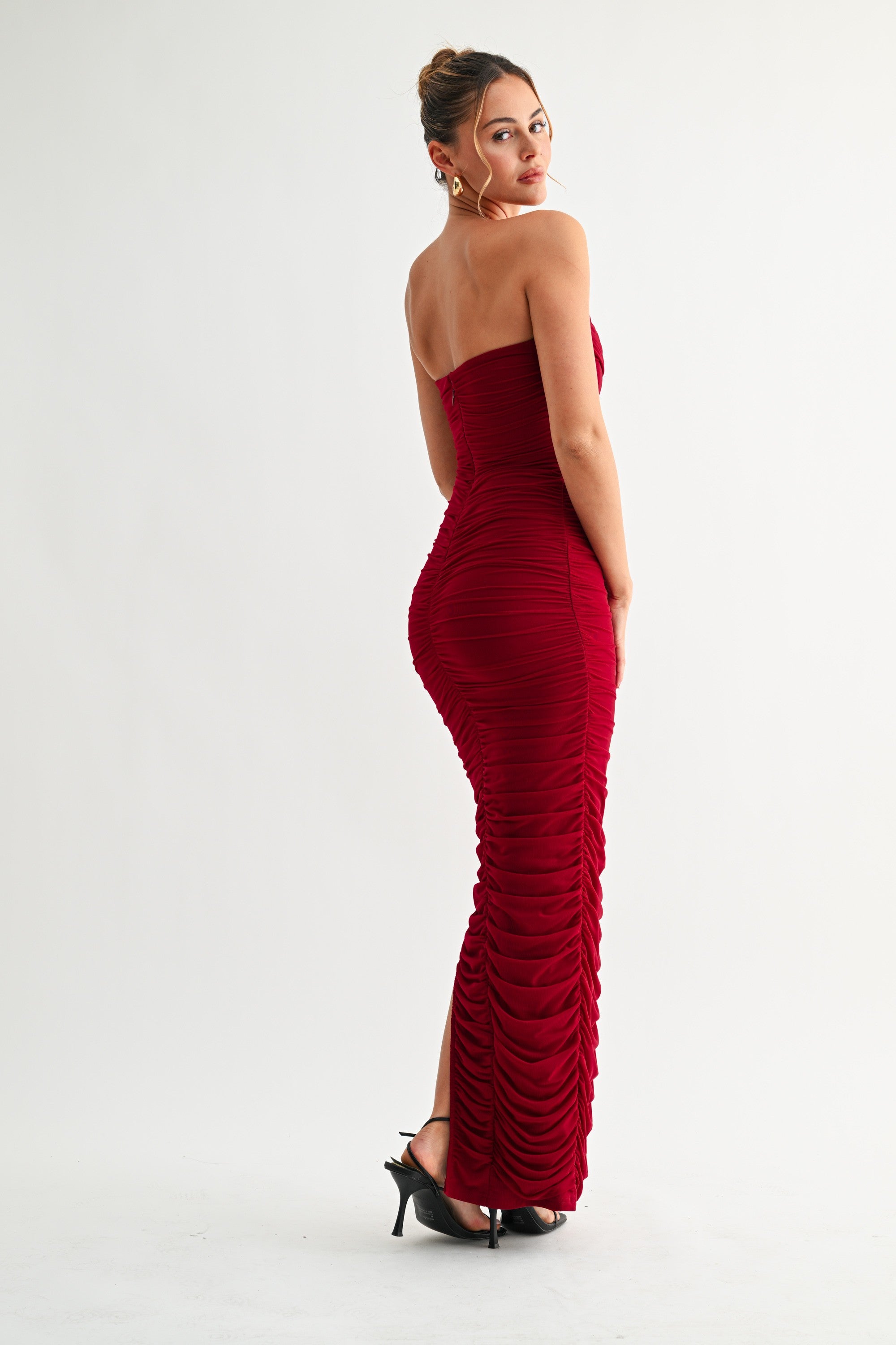 Eliana Ruby Wine Ruched Mesh Midi Dress