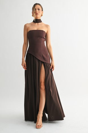 Esmeralda Chocolate Strapless Asymmetrical Waist Gathered Skirt With Slit Midi Dress