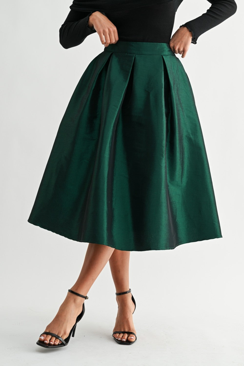 Isabella Emerald Green High Waist Pleated Taffeta Midi Skirt With Pockets
