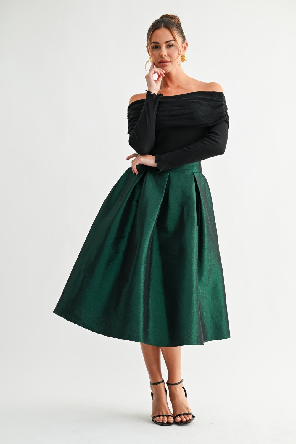 Isabella Emerald Green High Waist Pleated Taffeta Midi Skirt With Pockets
