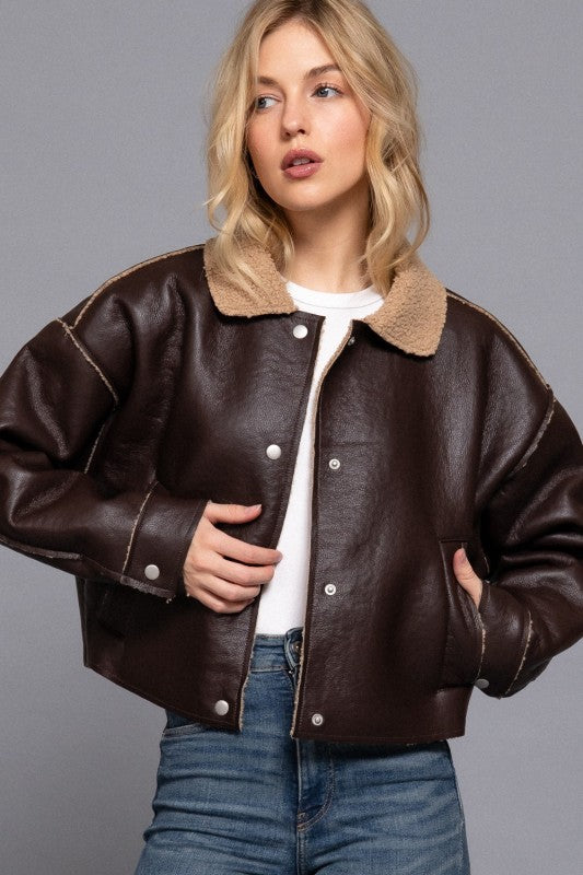 Amelia Dark Chocolate Faux Leather Inner Fur Crop Jacket