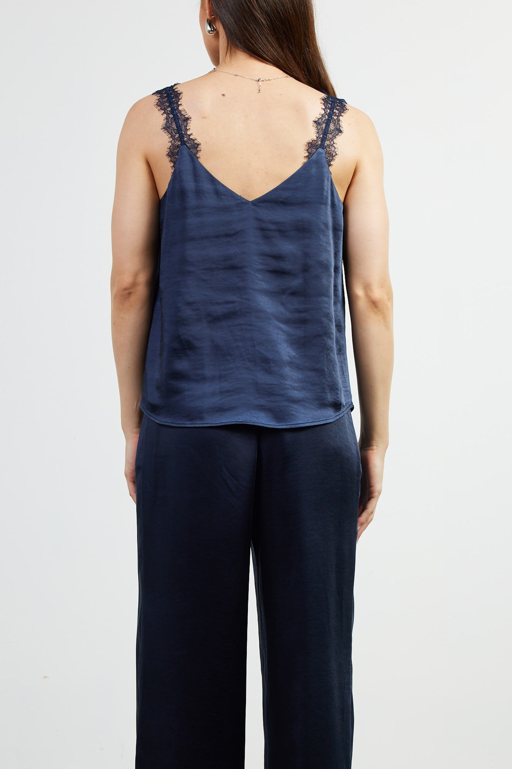 Jayla Navy Satin Cami with Lace Trim Top
