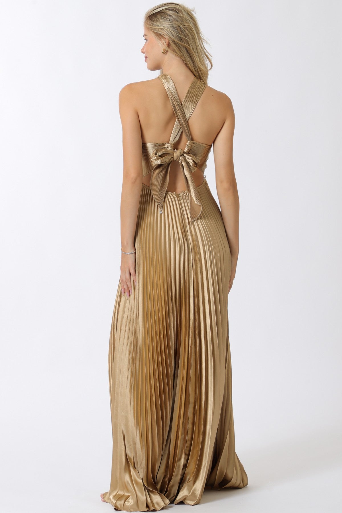 Merele Gold Metallic Cross Front Tie Back Pleated Maxi Dress