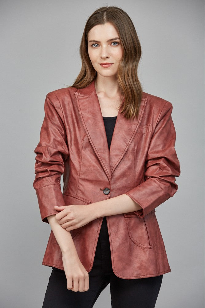 Kelsey Maroon Scrunched Sleeve Vegan Leather Blazer