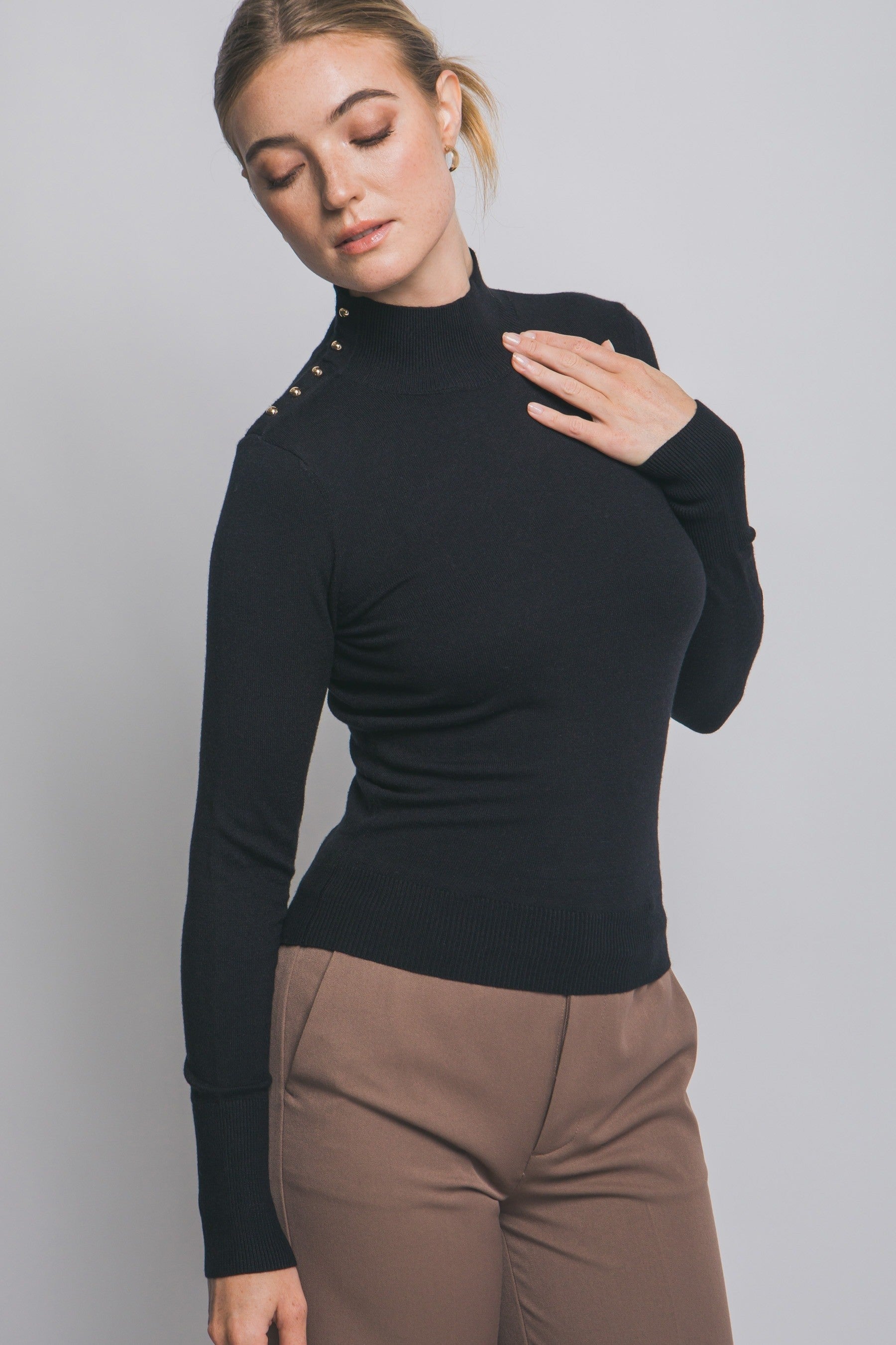Blair Black Long Sleeve Sweater top with Gold Button Detail