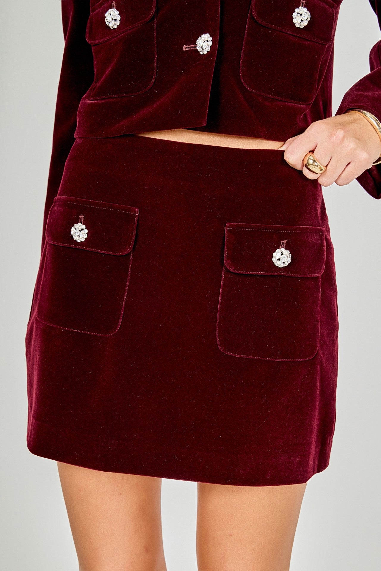 Libbie Merlot Velvet Mini skirt with Rhinestone Buttons