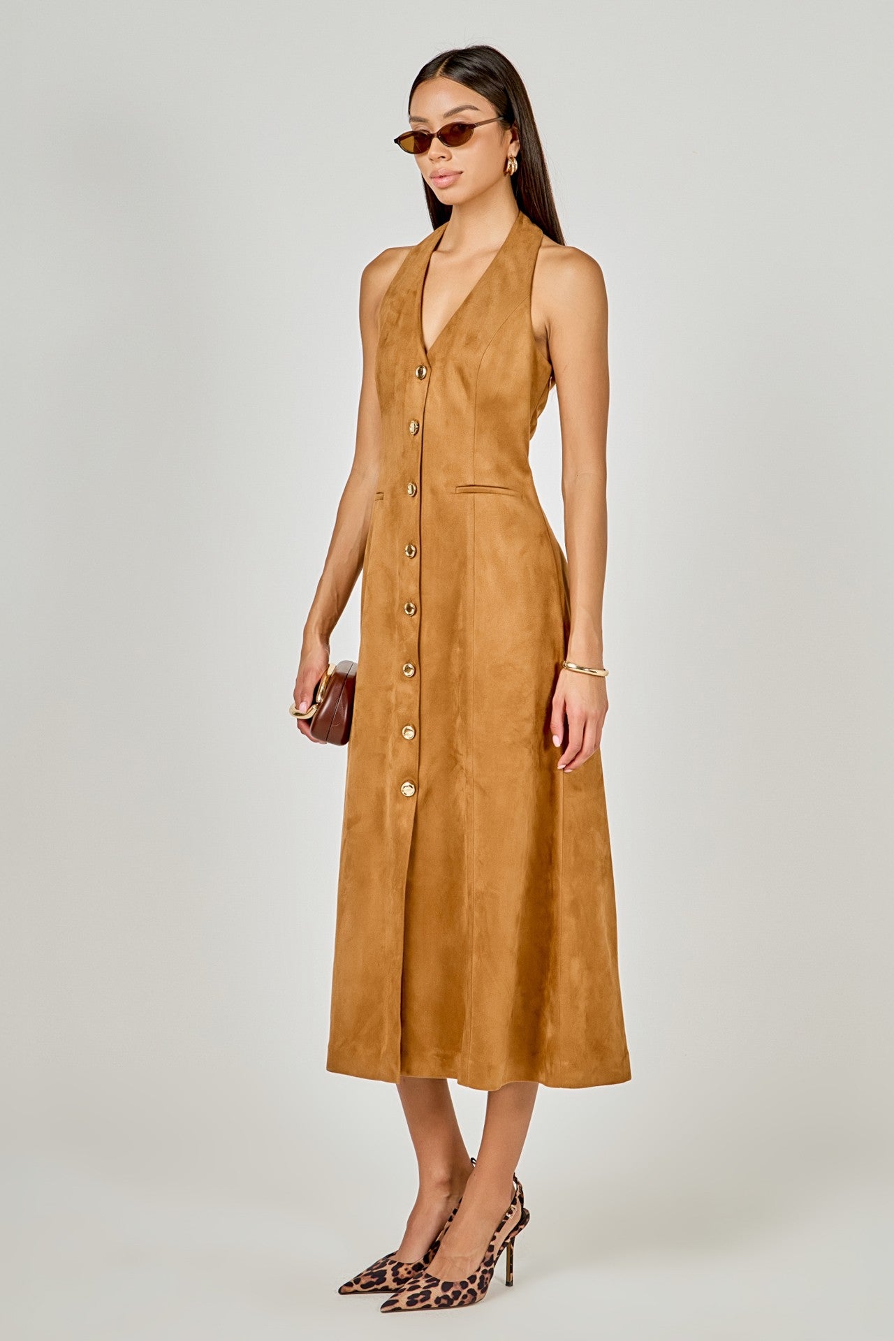 Layton Tan Suede Halter Midi Dress with Gold Buttons