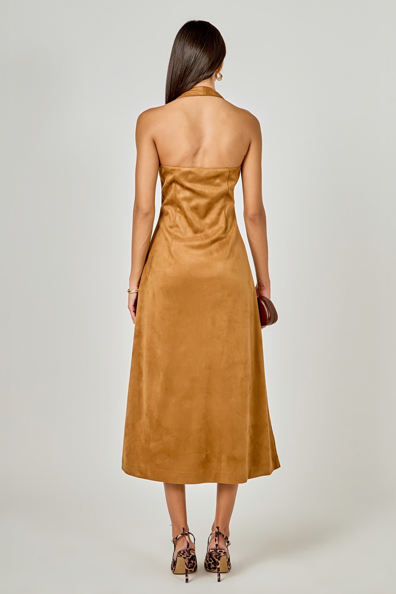 Layton Tan Suede Halter Midi Dress with Gold Buttons