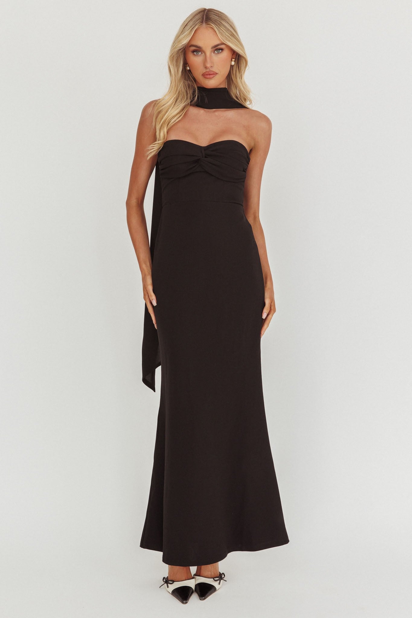 Julia black strapless maxi with scarf