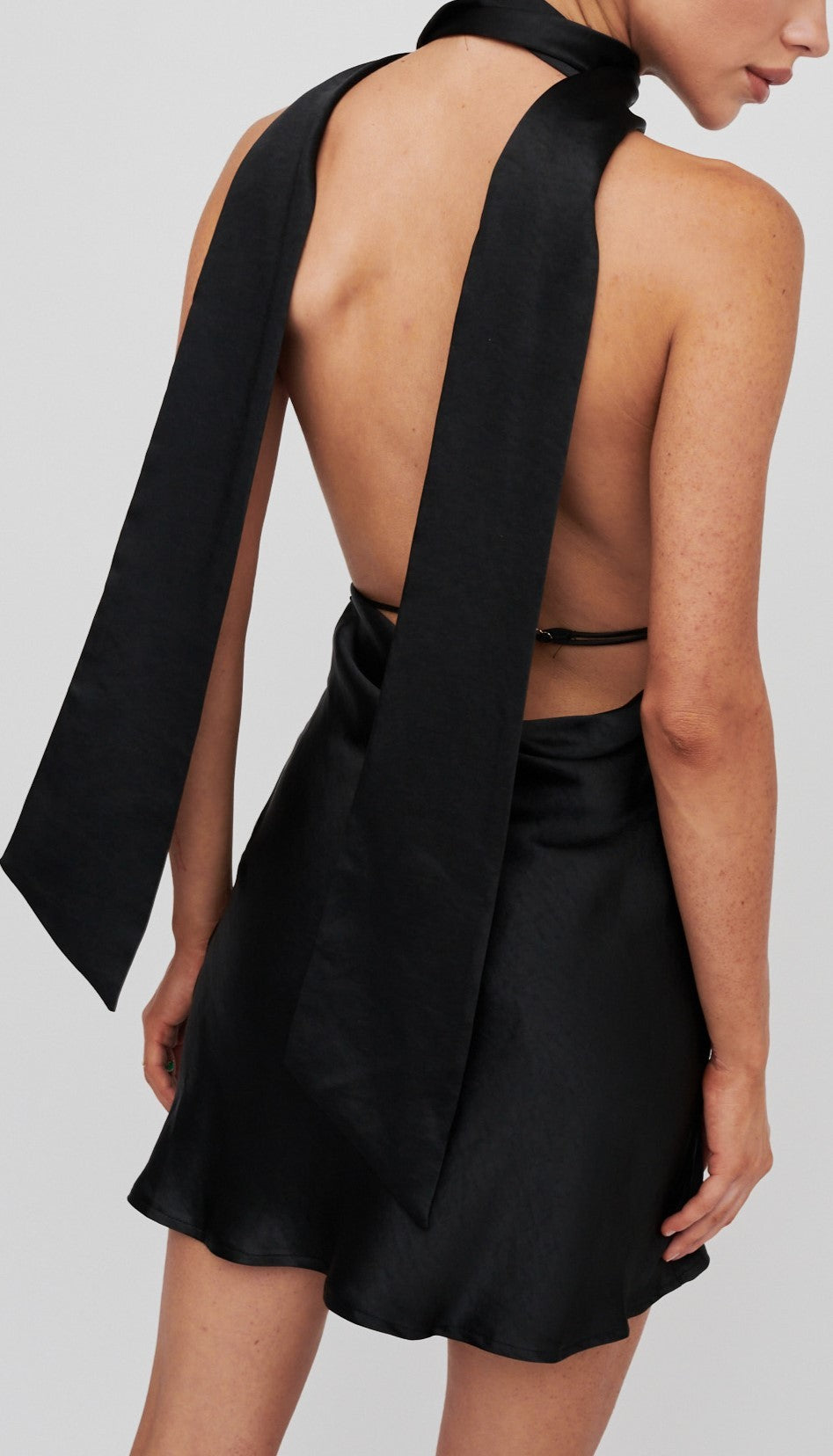 Chelsey Black Satin Deep V Neck Sash