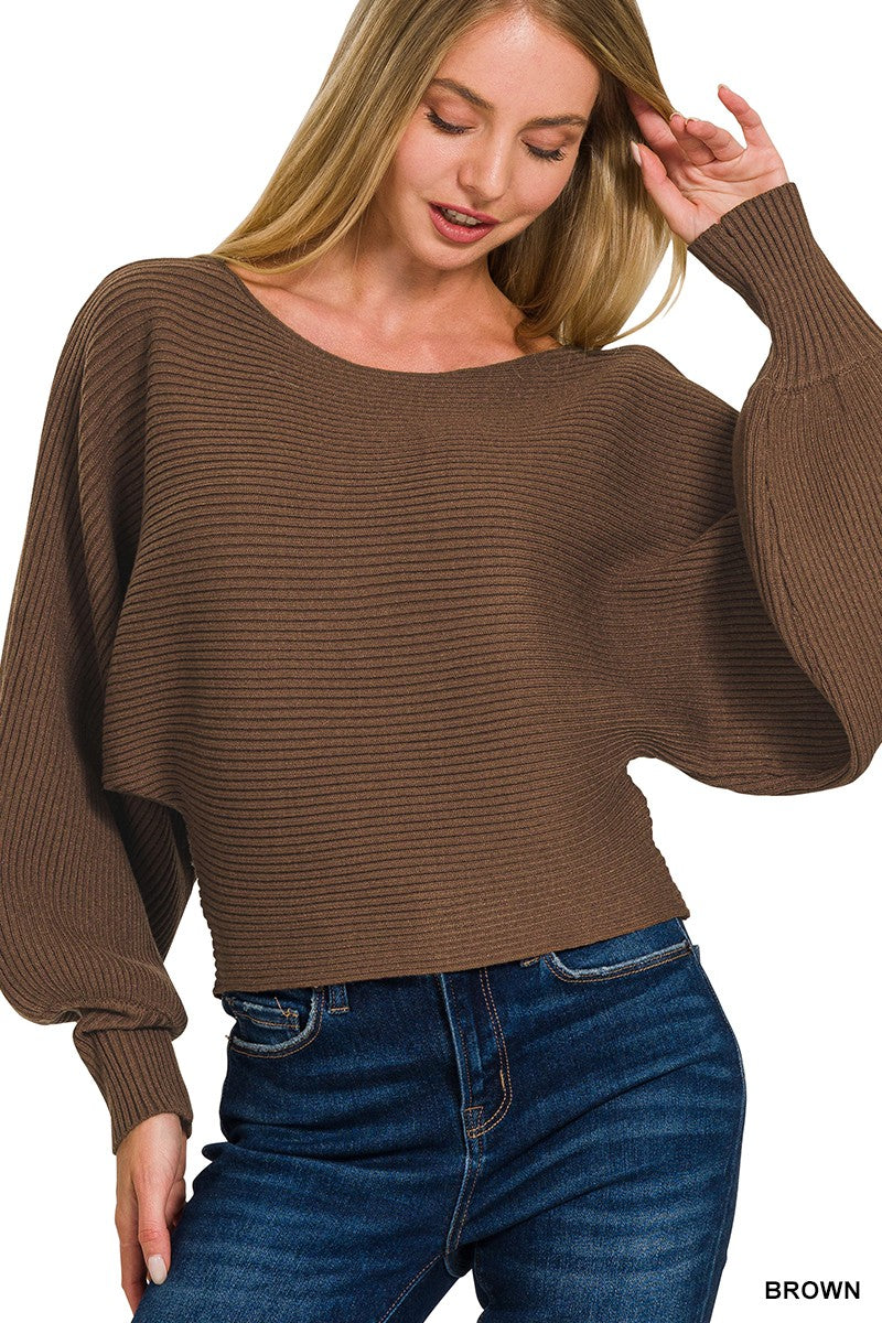 Daya Light Brown Boatneck Lantern Sleeve Sweater