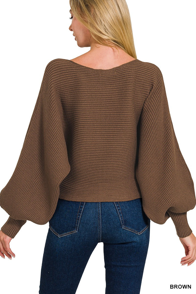 Daya Light Brown Boatneck Lantern Sleeve Sweater