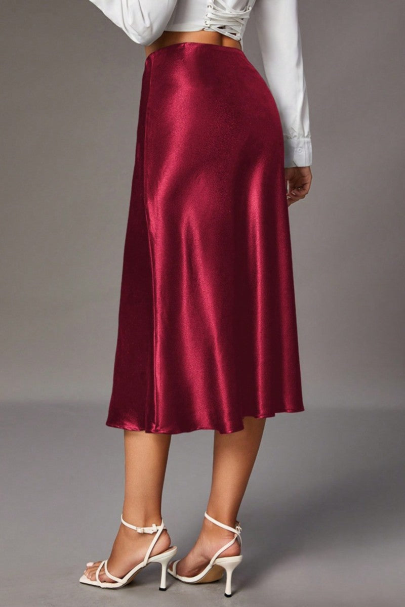 Ava Satin Side Zipper Midi Skirt
