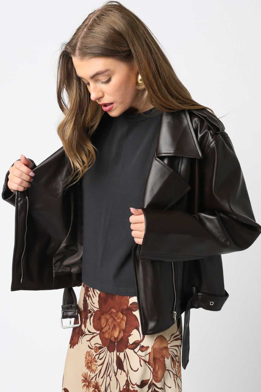 Nova Dark Chocolate Vegan Leather Motto Jacket