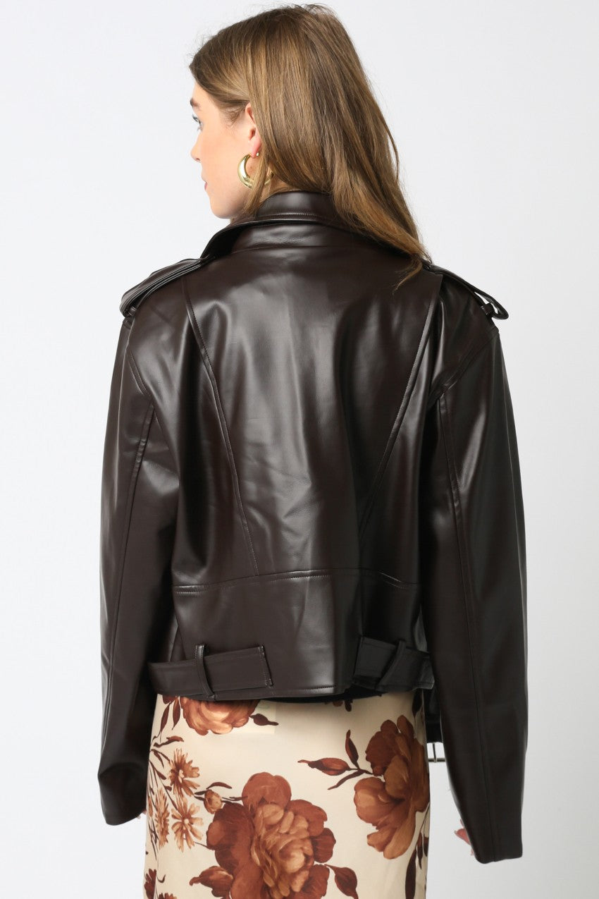 Nova Dark Chocolate Vegan Leather Motto Jacket