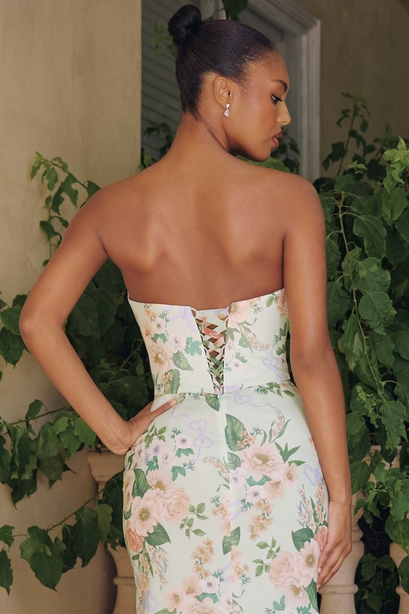 England Sage Floral Strapless Chiffon Formal With Detachable Scarf