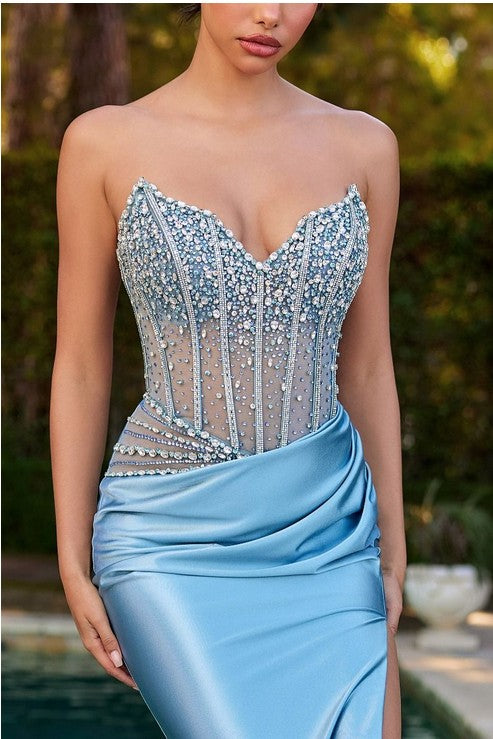 Twyla ice blue formal with beaded bodice and satin skirt