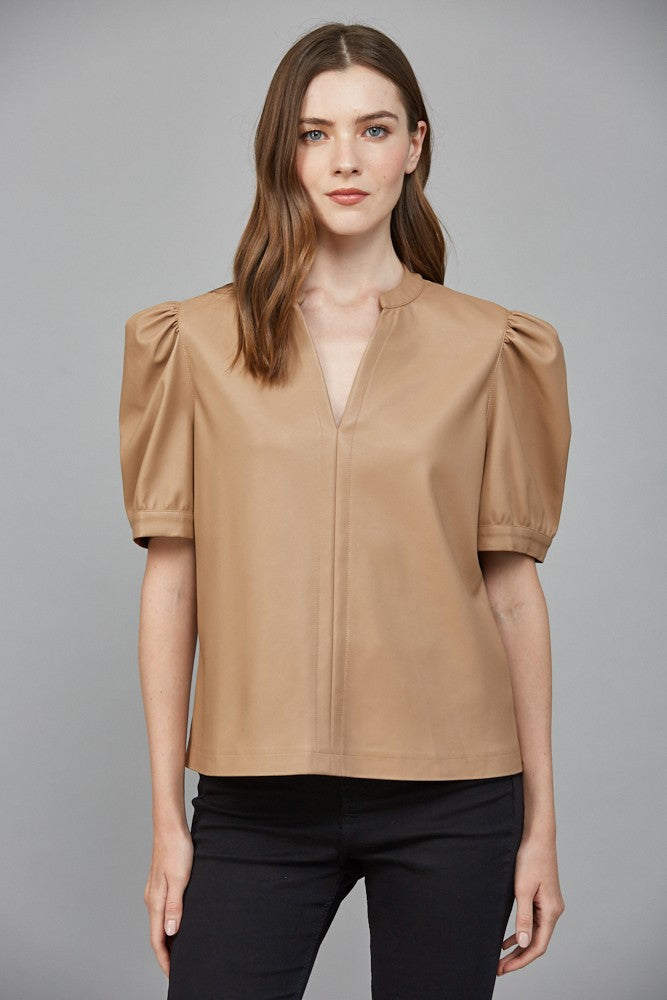 York mocha split neck pleather top