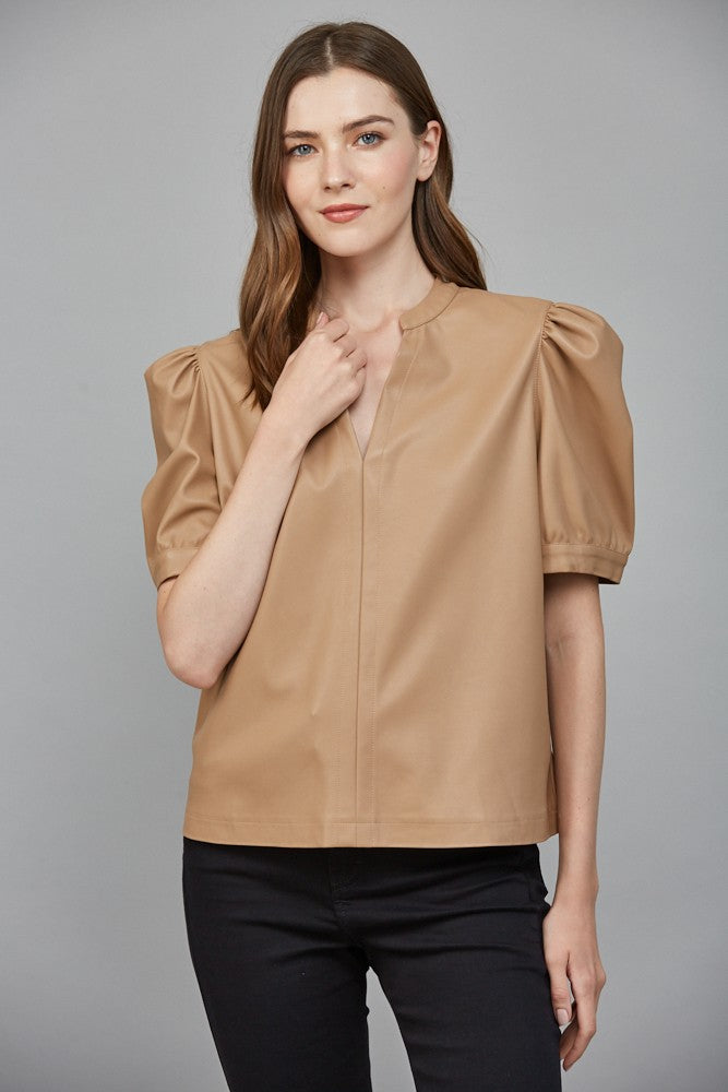 York mocha split neck pleather top