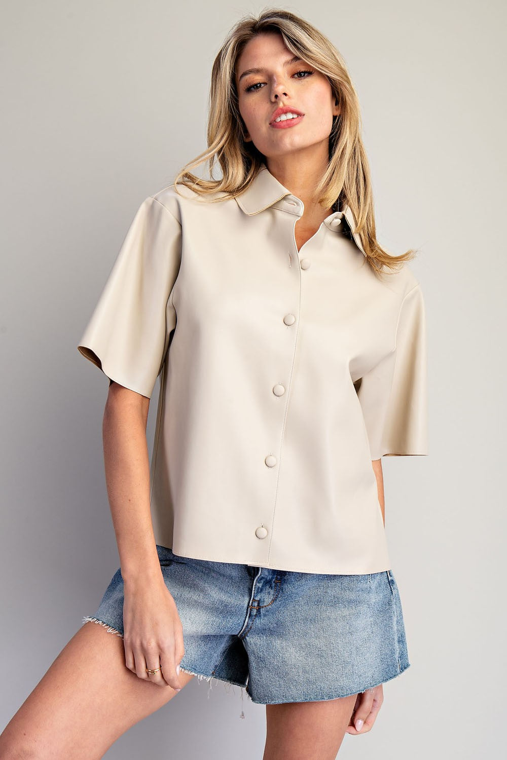 Francis cream pleather short sleeve button up top