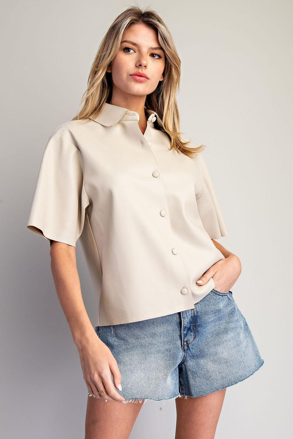 Francis cream pleather short sleeve button up top