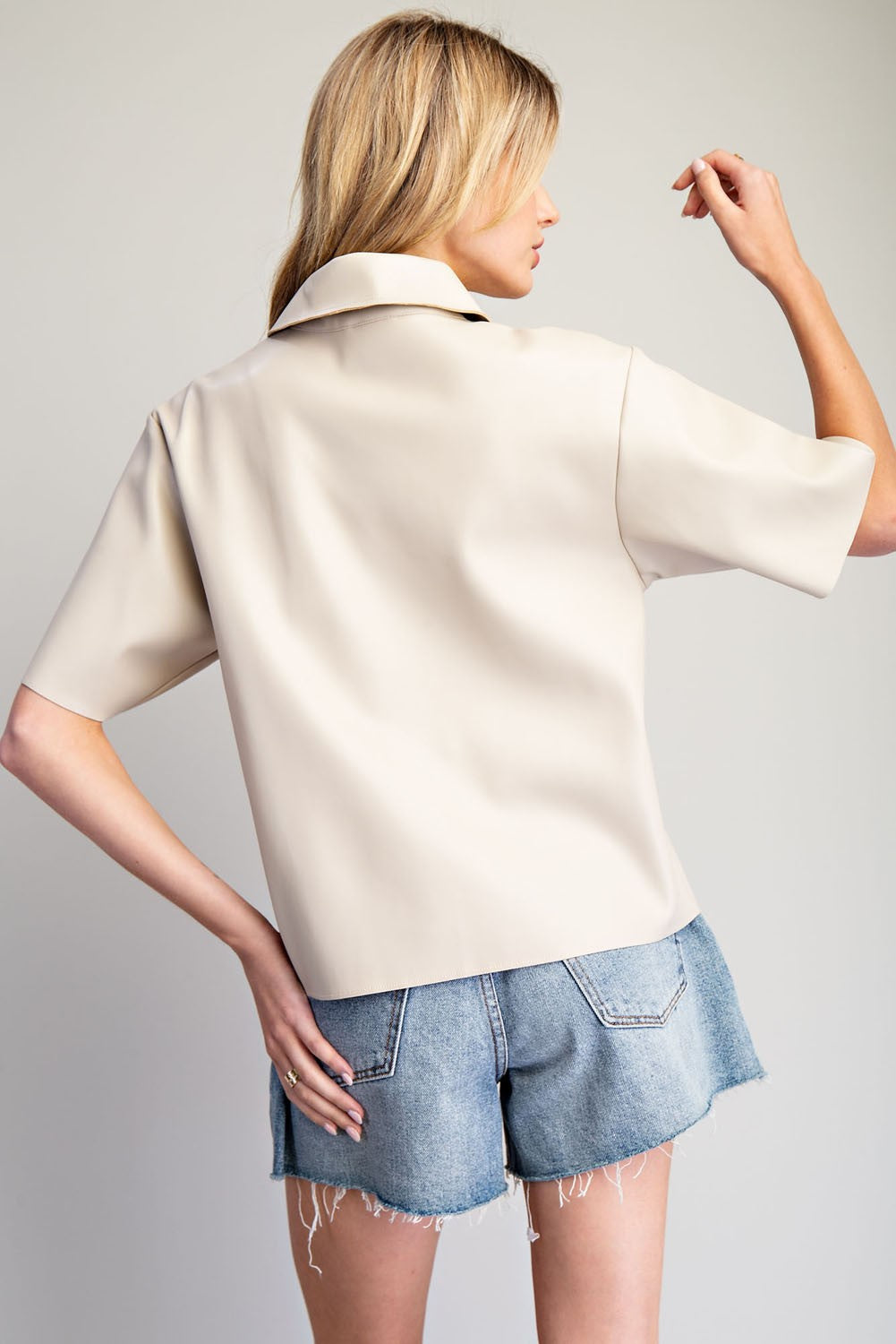 Francis cream pleather short sleeve button up top