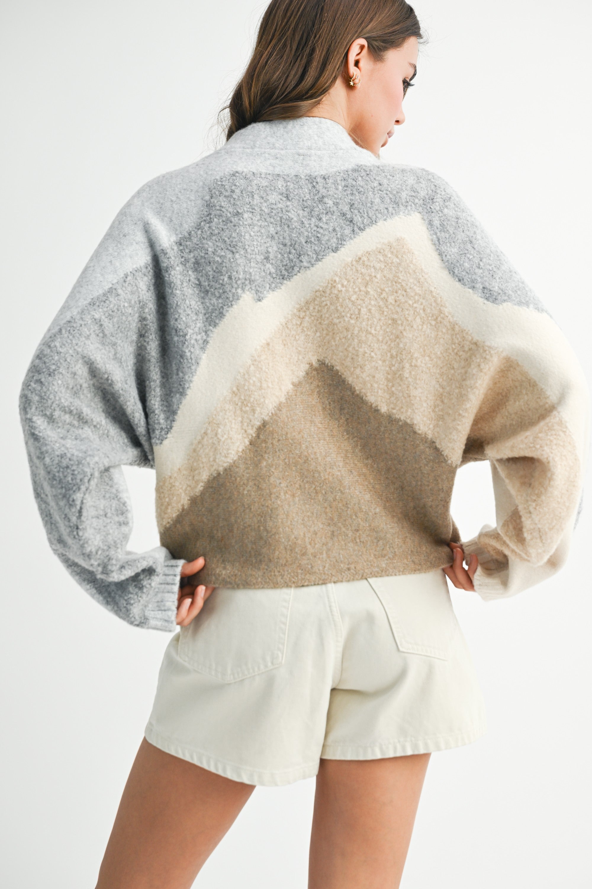 Yusra Ivory Color Block Crew Neck Dolman Sleeve Sweater
