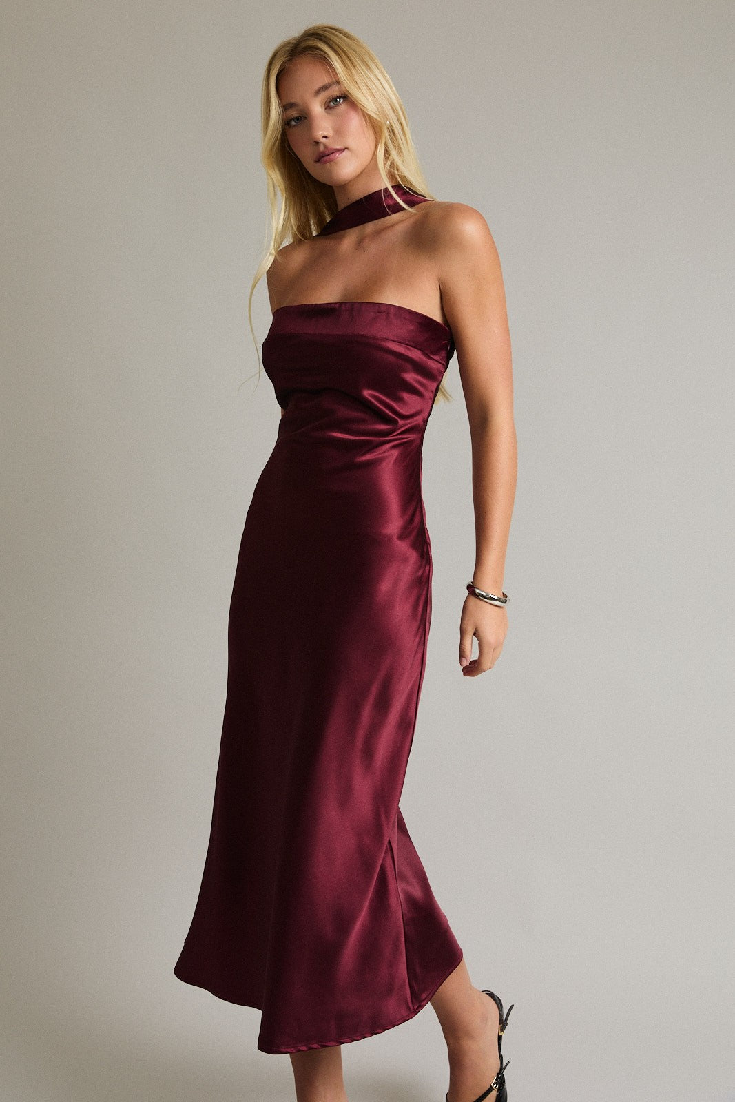 Addi Wine Satin Strapless Scarf Detail Midi Dress