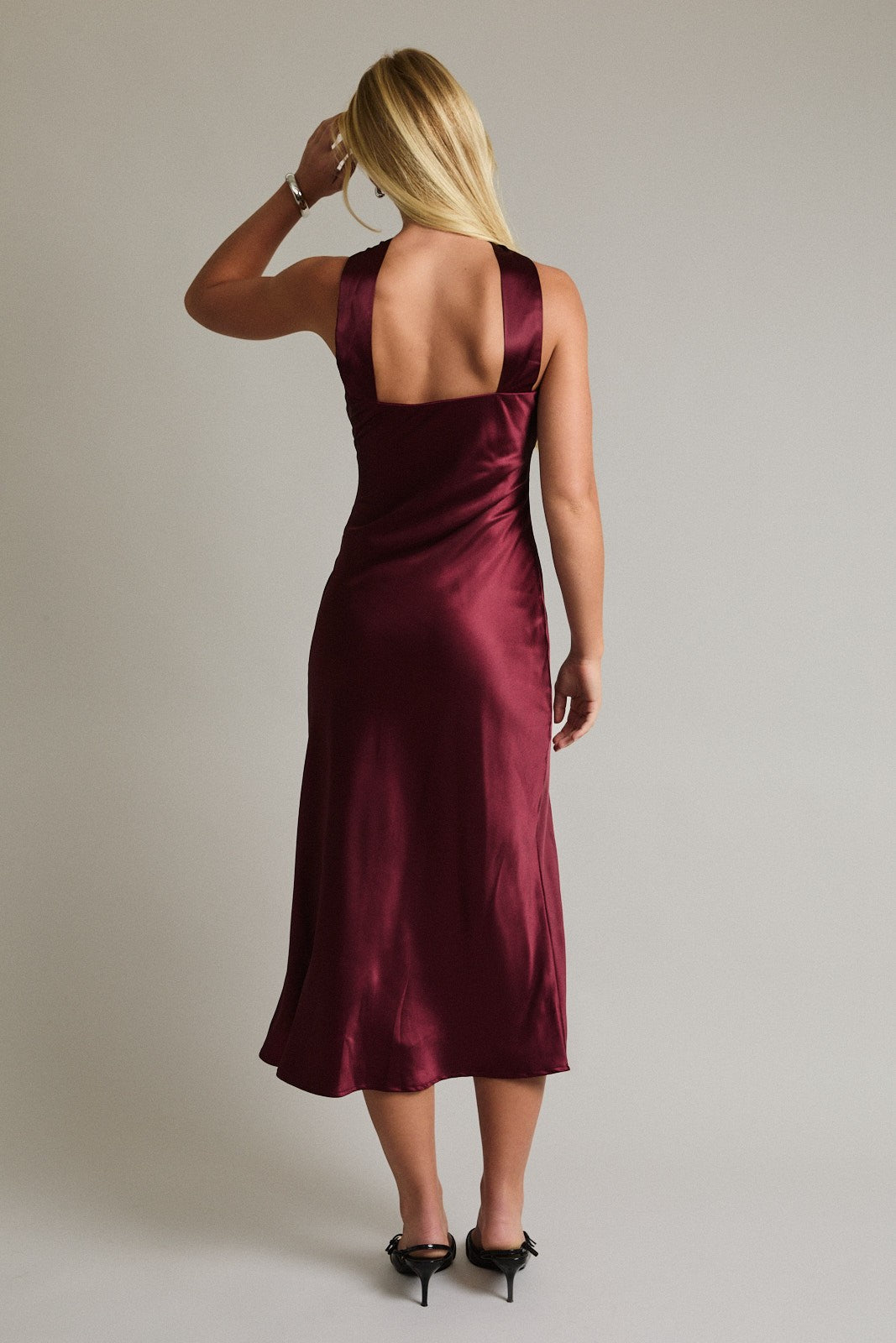 Addi Wine Satin Strapless Scarf Detail Midi Dress