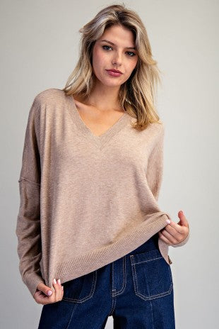 Sabrina Taupe V Neck Soft Sweater