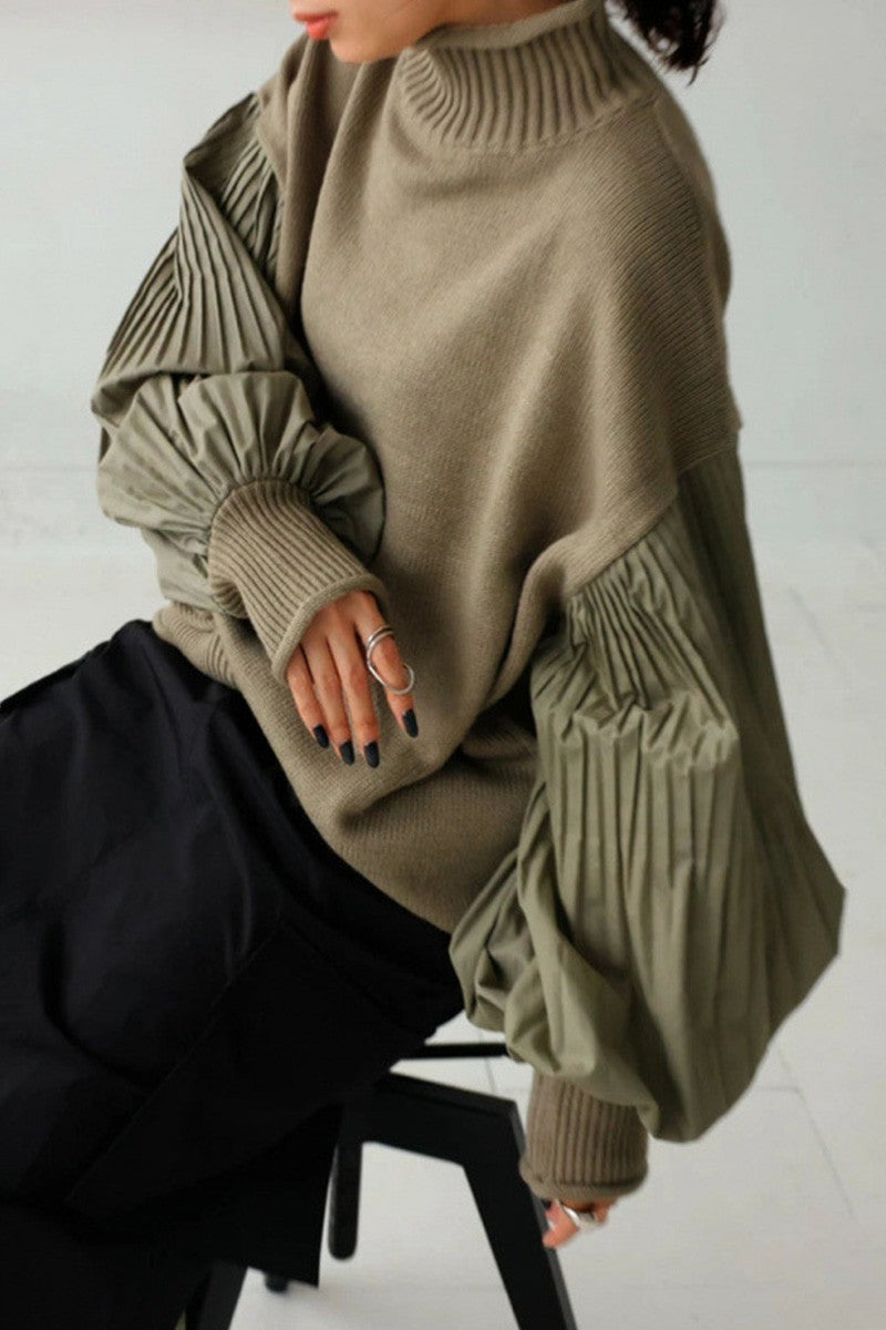 Odette Olive Pleated Sleeve Sweaer