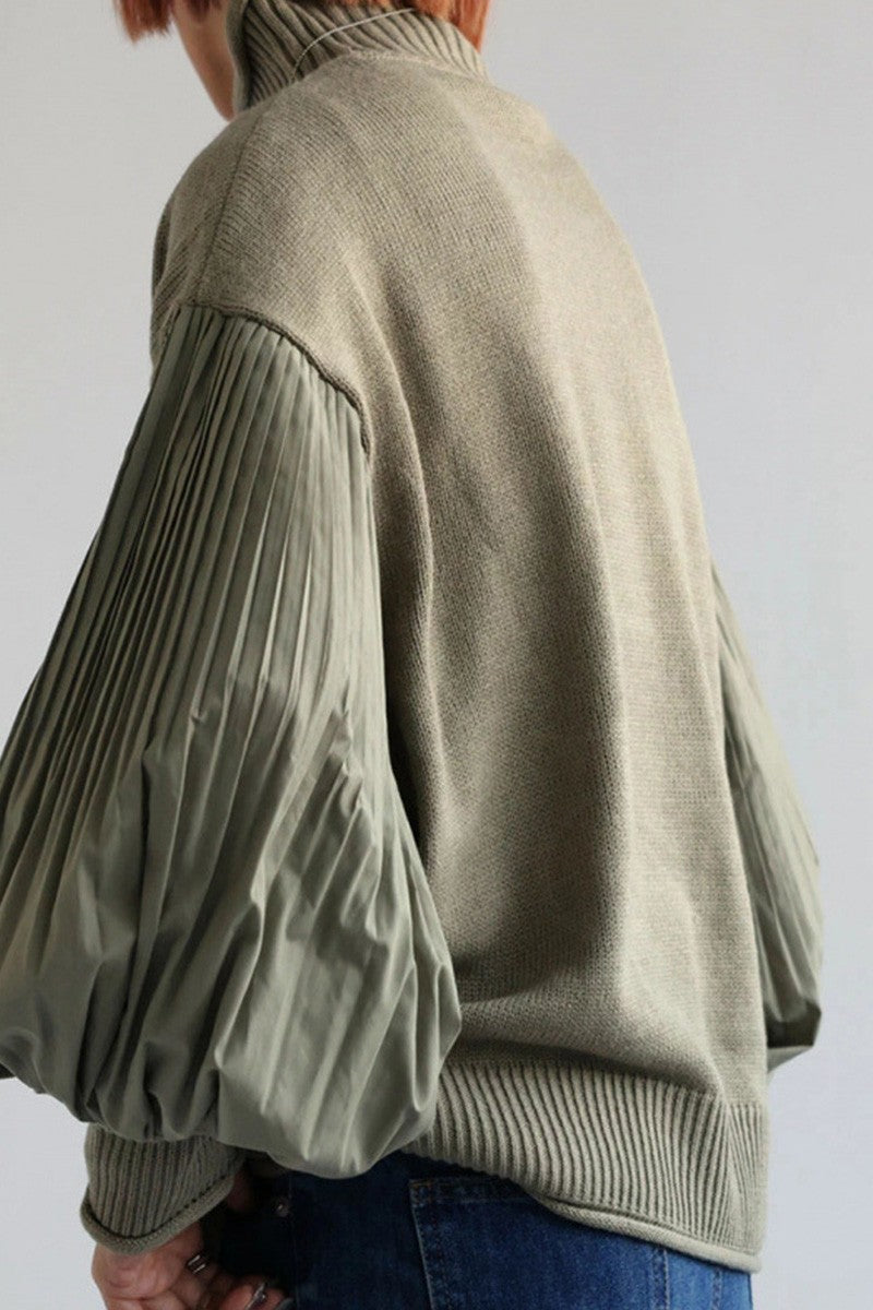Odette Olive Pleated Sleeve Sweaer