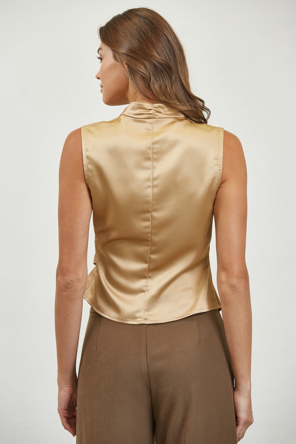 Tally Taupe Satin Wrap Top With Metal Trim