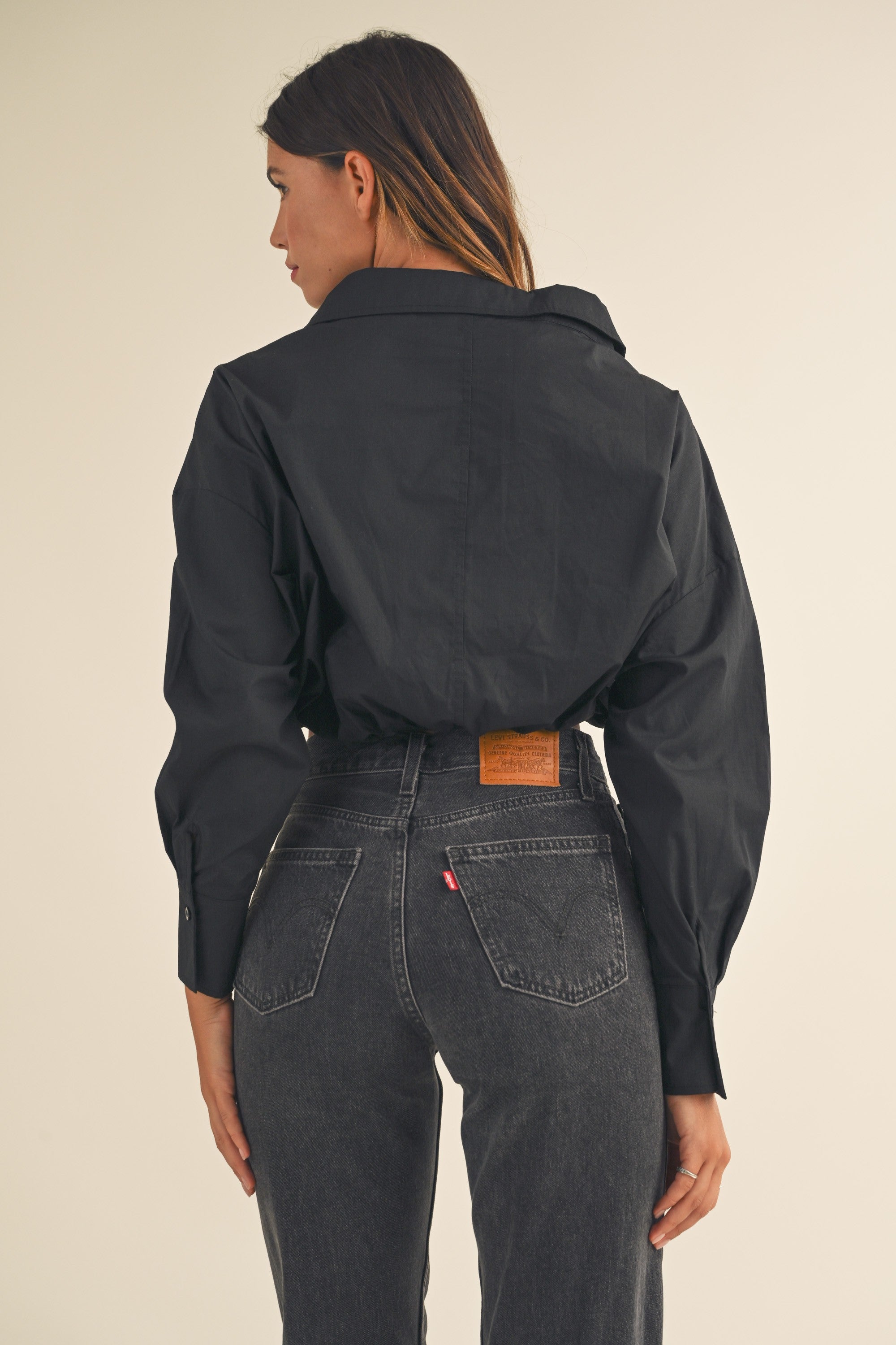 Elise Black Long Sleeve V Neck Crop