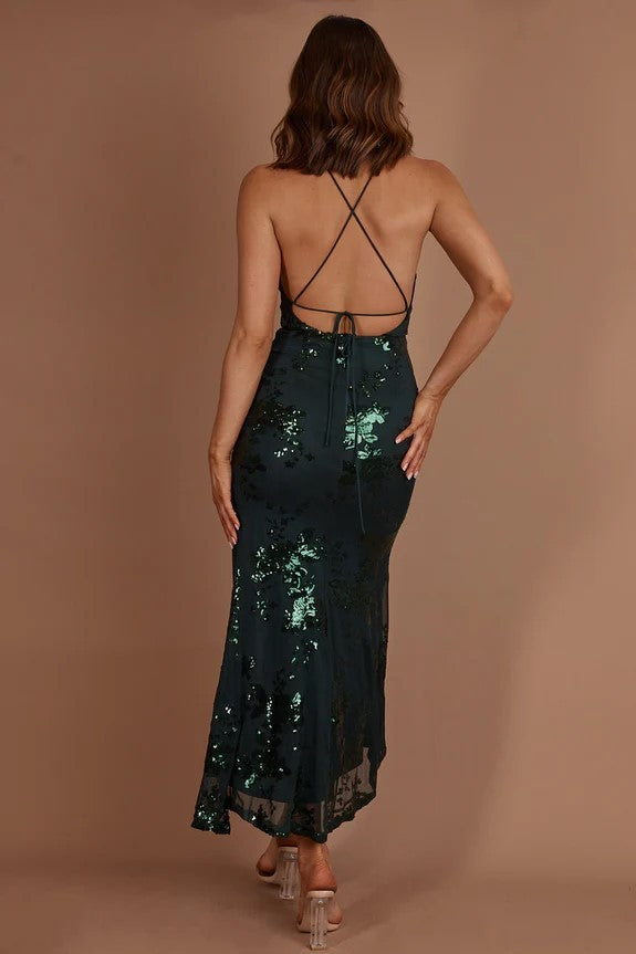 Ophelia Hunter Green Floral Sequin Midi Dress