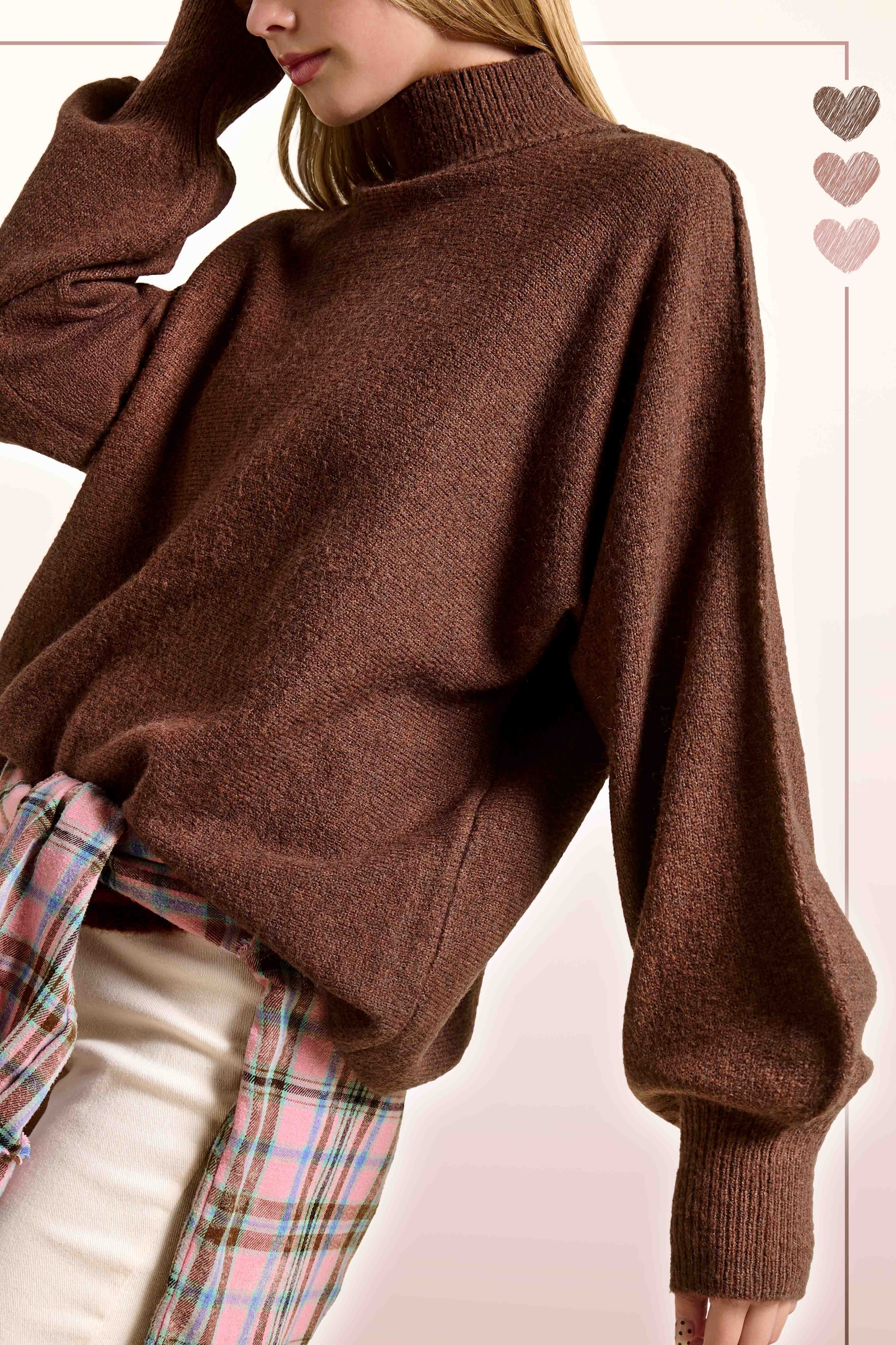 Glenn pecan brown mock neck balloon sleeve sweater