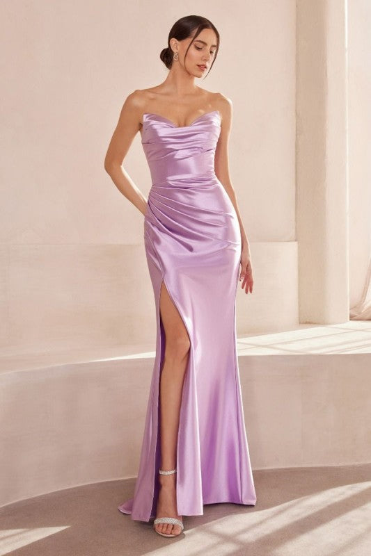 Rylee Lavender Satin Strapless Ruched Side Slit Formal